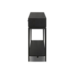 Featuring Rosenell Black Oak Veneer Console Table 60" by Four Hands at Amethyst Home. Elevate your living space or media room with a slim-profile console of black-finished oak. A smooth top pairs with two drawers covered with woven paper cord, while lower open shelving creates bonus storage and display options. The result: a dark, Scandinavian-inspired look. Amethyst Home provides interior design, new home construction design consulting, vintage area rugs, and lighting in the Calabasas metro area.