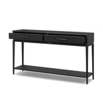 Featuring Rosenell Black Oak Veneer Console Table 60" by Four Hands at Amethyst Home. Elevate your living space or media room with a slim-profile console of black-finished oak. A smooth top pairs with two drawers covered with woven paper cord, while lower open shelving creates bonus storage and display options. The result: a dark, Scandinavian-inspired . Amethyst Home provides interior design, new home construction design consulting, vintage area rugs, and lighting in the Newport Beach metro area.
