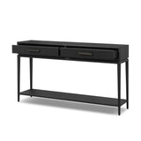 Featuring Rosenell Black Oak Veneer Console Table 60" by Four Hands at Amethyst Home. Elevate your living space or media room with a slim-profile console of black-finished oak. A smooth top pairs with two drawers covered with woven paper cord, while lower open shelving creates bonus storage and display options. The result: a dark, Scandinavian-inspired . Amethyst Home provides interior design, new home construction design consulting, vintage area rugs, and lighting in the Newport Beach metro area.