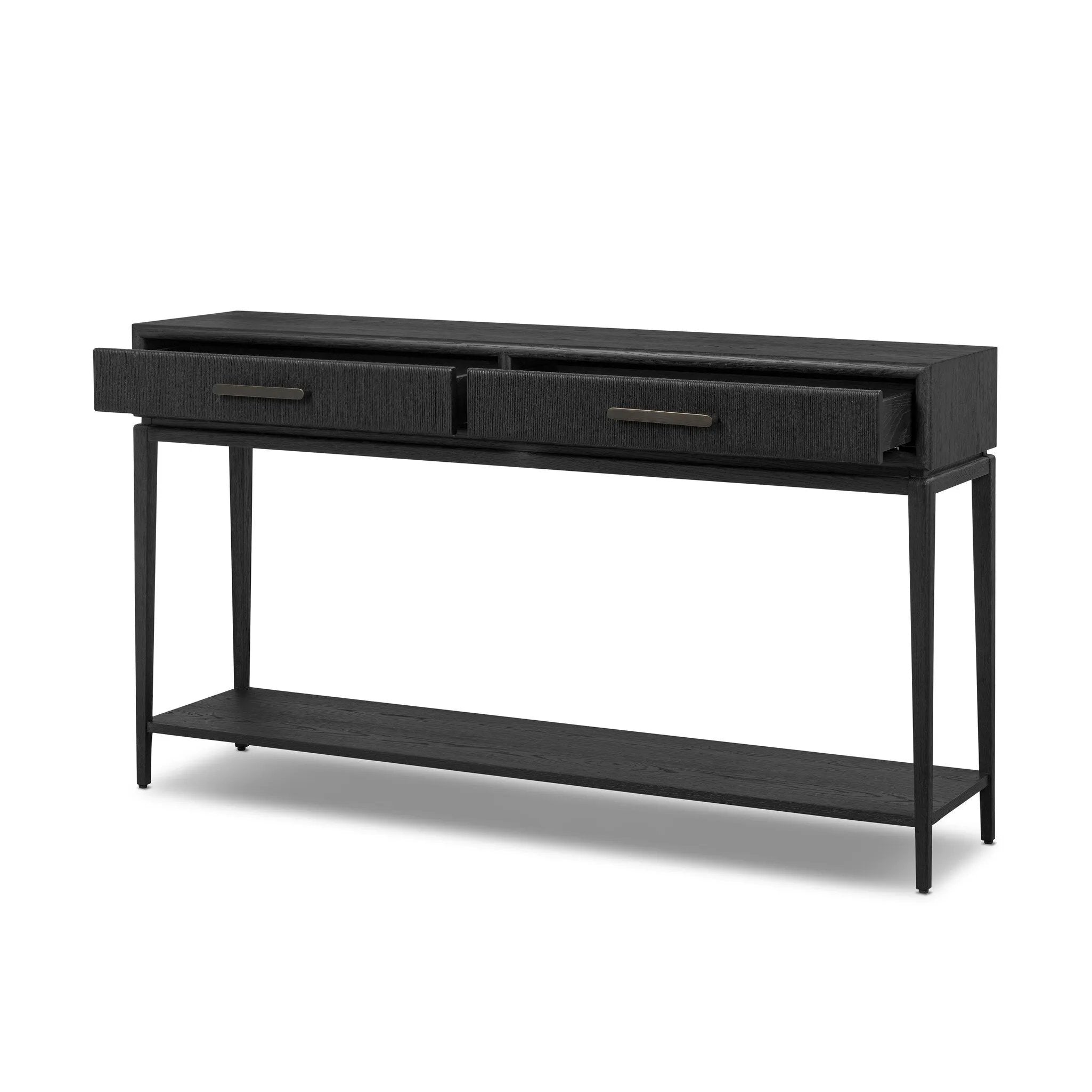 Featuring Rosenell Black Oak Veneer Console Table 60" by Four Hands at Amethyst Home. Elevate your living space or media room with a slim-profile console of black-finished oak. A smooth top pairs with two drawers covered with woven paper cord, while lower open shelving creates bonus storage and display options. The result: a dark, Scandinavian-inspired . Amethyst Home provides interior design, new home construction design consulting, vintage area rugs, and lighting in the Newport Beach metro area.