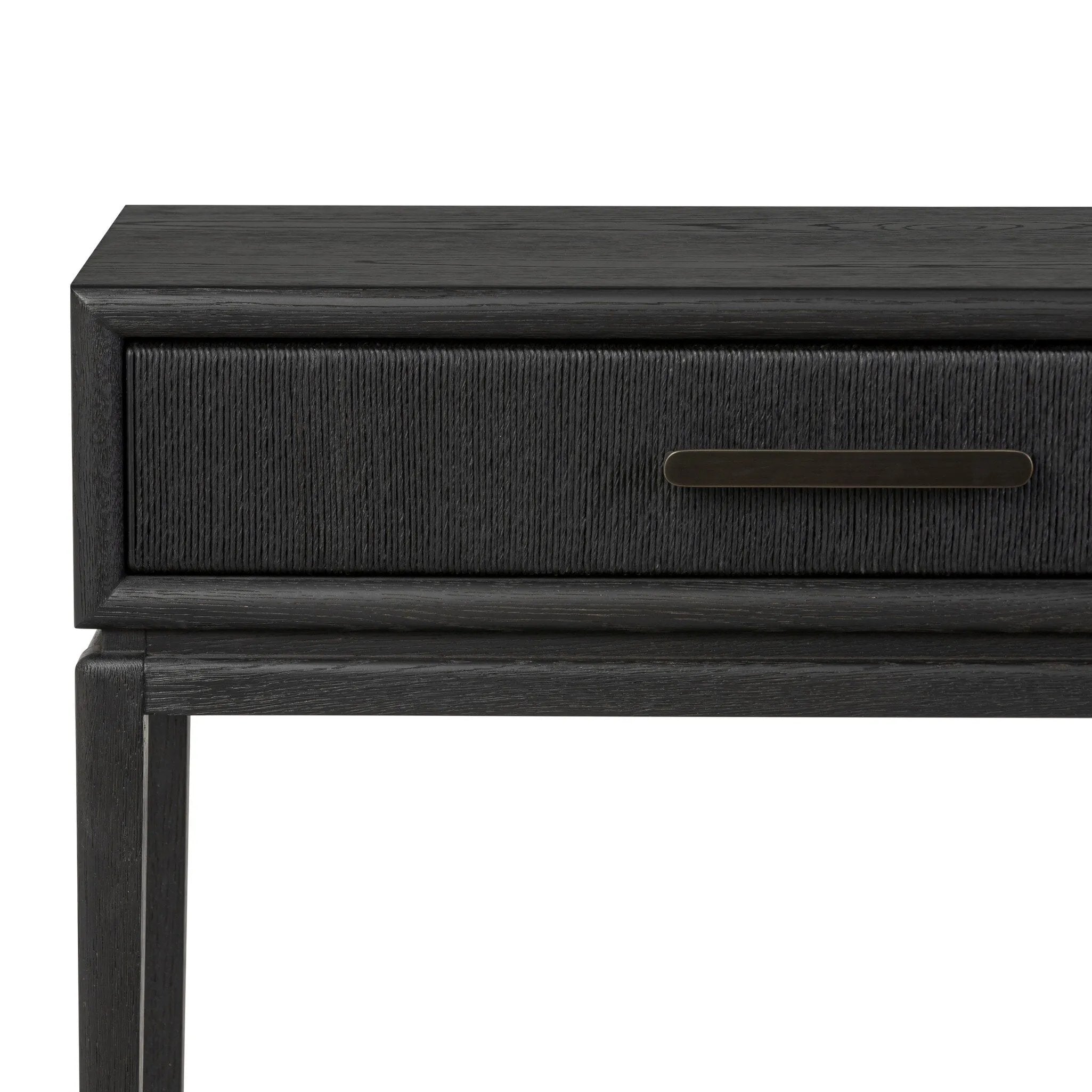 Featuring Rosenell Black Oak Veneer Console Table 60" by Four Hands at Amethyst Home. Elevate your living space or media room with a slim-profile console of black-finished oak. A smooth top pairs with two drawers covered with woven paper cord, while lower open shelving creates bonus storage and display options. The result: a dark, Scandinavian-inspired loo. Amethyst Home provides interior design, new home construction design consulting, vintage area rugs, and lighting in the Scottsdale metro area.