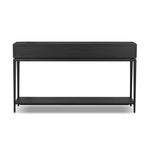 Featuring Rosenell Black Oak Veneer Console Table 60" by Four Hands at Amethyst Home. Elevate your living space or media room with a slim-profile console of black-finished oak. A smooth top pairs with two drawers covered with woven paper cord, while lower open shelving creates bonus storage and display options. The result: a dark, Scandinavian-inspired . Amethyst Home provides interior design, new home construction design consulting, vintage area rugs, and lighting in the Winter Garden metro area.