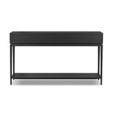 Featuring Rosenell Black Oak Veneer Console Table 60" by Four Hands at Amethyst Home. Elevate your living space or media room with a slim-profile console of black-finished oak. A smooth top pairs with two drawers covered with woven paper cord, while lower open shelving creates bonus storage and display options. The result: a dark, Scandinavian-inspired . Amethyst Home provides interior design, new home construction design consulting, vintage area rugs, and lighting in the Winter Garden metro area.