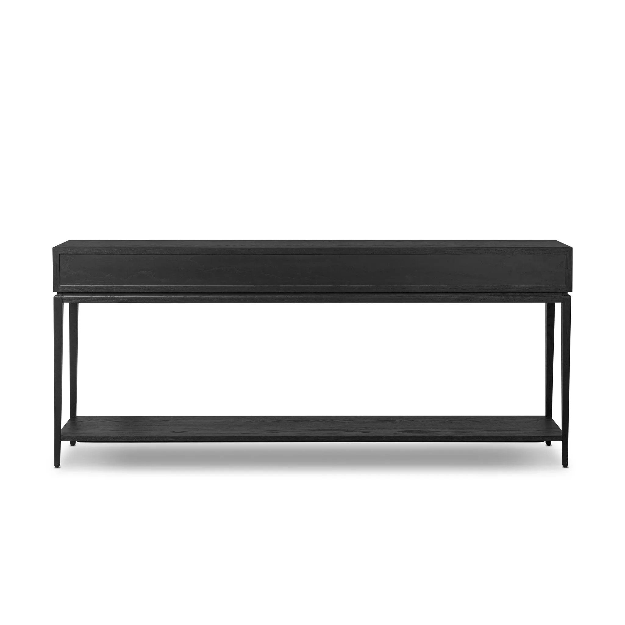 Featuring Rosenell Black Oak Veneer Console Table 78" by Four Hands at Amethyst Home. Elevate your living space or media room with a slim-profile console of black-finished oak. A smooth top pairs with three drawers covered with woven paper cord, while lower open shelving creates bonus storage and display options. The result: a dark, Scandinavian-inspired l. Amethyst Home provides interior design, new home construction design consulting, vintage area rugs, and lighting in the Alpharetta metro area.