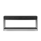 Featuring Rosenell Black Oak Veneer Console Table 78" by Four Hands at Amethyst Home. Elevate your living space or media room with a slim-profile console of black-finished oak. A smooth top pairs with three drawers covered with woven paper cord, while lower open shelving creates bonus storage and display options. The result: a dark, Scandinavian-inspired lo. Amethyst Home provides interior design, new home construction design consulting, vintage area rugs, and lighting in the Calabasas metro area.