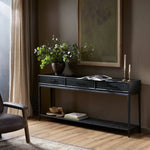 Featuring Rosenell Black Oak Veneer Console Table 78" by Four Hands at Amethyst Home. Elevate your living space or media room with a slim-profile console of black-finished oak. A smooth top pairs with three drawers covered with woven paper cord, while lower open shelving creates bonus storage and display options. The result: a dark, Scandinavian-inspired lo. Amethyst Home provides interior design, new home construction design consulting, vintage area rugs, and lighting in the Nashville metro area.