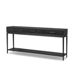 Featuring Rosenell Black Oak Veneer Console Table 78" by Four Hands at Amethyst Home. Elevate your living space or media room with a slim-profile console of black-finished oak. A smooth top pairs with three drawers covered with woven paper cord, while lower open shelving creates bonus storage and display options. The result: a dark, Scandinavian-inspired look t. Amethyst Home provides interior design, new home construction design consulting, vintage area rugs, and lighting in the Omaha metro area.