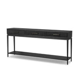 Featuring Rosenell Black Oak Veneer Console Table 78" by Four Hands at Amethyst Home. Elevate your living space or media room with a slim-profile console of black-finished oak. A smooth top pairs with three drawers covered with woven paper cord, while lower open shelving creates bonus storage and display options. The result: a dark, Scandinavian-inspired look t. Amethyst Home provides interior design, new home construction design consulting, vintage area rugs, and lighting in the Omaha metro area.