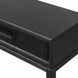 Featuring Rosenell Black Oak Veneer Console Table 78" by Four Hands at Amethyst Home. Elevate your living space or media room with a slim-profile console of black-finished oak. A smooth top pairs with three drawers covered with woven paper cord, while lower open shelving creates bonus storage and display options. The result: a dark, Scandinavian-inspired loo. Amethyst Home provides interior design, new home construction design consulting, vintage area rugs, and lighting in the Portland metro area.