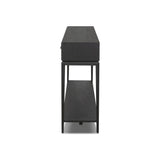 Featuring Rosenell Black Oak Veneer Console Table 78" by Four Hands at Amethyst Home. Elevate your living space or media room with a slim-profile console of black-finished oak. A smooth top pairs with three drawers covered with woven paper cord, while lower open shelving creates bonus storage and display options. The result: a dark, Scandinavian-inspired l. Amethyst Home provides interior design, new home construction design consulting, vintage area rugs, and lighting in the Scottsdale metro area.
