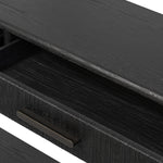 Featuring Rosenell Black Oak Veneer Console Table 78" by Four Hands at Amethyst Home. Elevate your living space or media room with a slim-profile console of black-finished oak. A smooth top pairs with three drawers covered with woven paper cord, while lower open shelving creates bonus storage and display options. The result: a dark, Scandinavian-inspired look t. Amethyst Home provides interior design, new home construction design consulting, vintage area rugs, and lighting in the Tampa metro area.