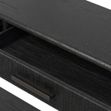 Featuring Rosenell Black Oak Veneer Console Table 78" by Four Hands at Amethyst Home. Elevate your living space or media room with a slim-profile console of black-finished oak. A smooth top pairs with three drawers covered with woven paper cord, while lower open shelving creates bonus storage and display options. The result: a dark, Scandinavian-inspired look t. Amethyst Home provides interior design, new home construction design consulting, vintage area rugs, and lighting in the Tampa metro area.