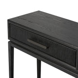 Featuring Rosenell Black Oak Veneer Console Table 78" by Four Hands at Amethyst Home. Elevate your living space or media room with a slim-profile console of black-finished oak. A smooth top pairs with three drawers covered with woven paper cord, while lower open shelving creates bonus storage and display options. The result: a dark, Scandinavian-inspired l. Amethyst Home provides interior design, new home construction design consulting, vintage area rugs, and lighting in the Washington metro area.