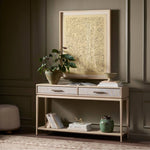 Featuring Rosenell Natural Oak Veneer Console Table 60" by Four Hands at Amethyst Home. Elevate your living space or media room with a slim-profile console of light, natural oak. A smooth top pairs with two drawers covered with woven paper cord, while lower open shelving creates bonus storage and display options. The result: a clean, Scandinavian-inspired look. Amethyst Home provides interior design, new home construction design consulting, vintage area rugs, and lighting in the Dallas metro area.