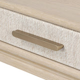 Featuring Rosenell Natural Oak Veneer Console Table 60" by Four Hands at Amethyst Home. Elevate your living space or media room with a slim-profile console of light, natural oak. A smooth top pairs with two drawers covered with woven paper cord, while lower open shelving creates bonus storage and display options. The result: a clean, Scandinavian-inspired loo. Amethyst Home provides interior design, new home construction design consulting, vintage area rugs, and lighting in the Houston metro area.