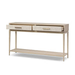 Featuring Rosenell Natural Oak Veneer Console Table 60" by Four Hands at Amethyst Home. Elevate your living space or media room with a slim-profile console of light, natural oak. A smooth top pairs with two drawers covered with woven paper cord, while lower open shelving creates bonus storage and display options. The result: a clean, Scandinavian-inspired. Amethyst Home provides interior design, new home construction design consulting, vintage area rugs, and lighting in the Los Angeles metro area.