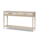 Featuring Rosenell Natural Oak Veneer Console Table 60" by Four Hands at Amethyst Home. Elevate your living space or media room with a slim-profile console of light, natural oak. A smooth top pairs with two drawers covered with woven paper cord, while lower open shelving creates bonus storage and display options. The result: a clean, Scandinavian-inspired loo. Amethyst Home provides interior design, new home construction design consulting, vintage area rugs, and lighting in the Seattle metro area.