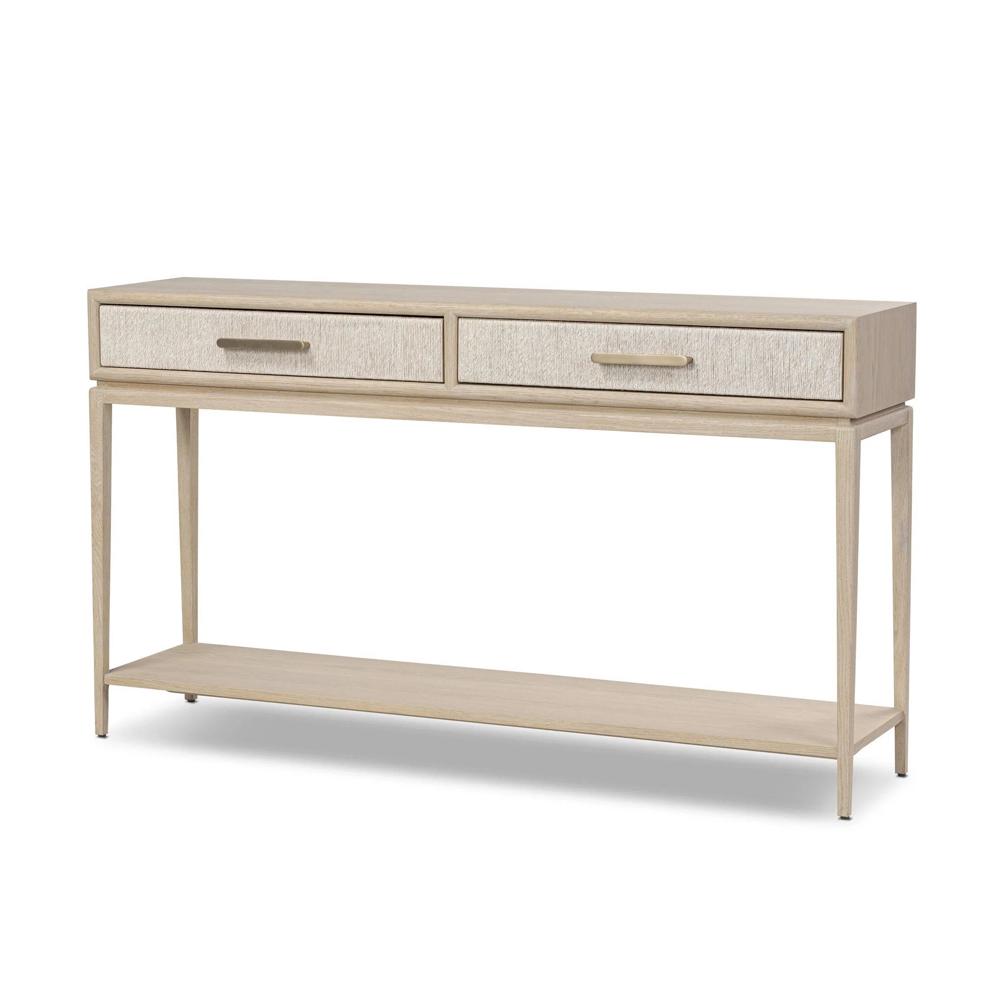 Featuring Rosenell Natural Oak Veneer Console Table 60" by Four Hands at Amethyst Home. Elevate your living space or media room with a slim-profile console of light, natural oak. A smooth top pairs with two drawers covered with woven paper cord, while lower open shelving creates bonus storage and display options. The result: a clean, Scandinavian-inspired loo. Amethyst Home provides interior design, new home construction design consulting, vintage area rugs, and lighting in the Seattle metro area.
