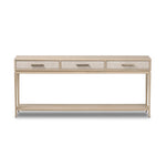 Featuring Rosenell Natural Oak Veneer Console Table 78" by Four Hands at Amethyst Home. Elevate your living space or media room with a slim-profile console of light, natural oak. A smooth top pairs with three drawers covered with woven paper cord, while lower open shelving creates bonus storage and display options. The result: a clean, Scandinavian-inspire. Amethyst Home provides interior design, new home construction design consulting, vintage area rugs, and lighting in the Alpharetta metro area.