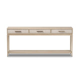 Featuring Rosenell Natural Oak Veneer Console Table 78" by Four Hands at Amethyst Home. Elevate your living space or media room with a slim-profile console of light, natural oak. A smooth top pairs with three drawers covered with woven paper cord, while lower open shelving creates bonus storage and display options. The result: a clean, Scandinavian-inspire. Amethyst Home provides interior design, new home construction design consulting, vintage area rugs, and lighting in the Alpharetta metro area.