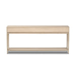 Featuring Rosenell Natural Oak Veneer Console Table 78" by Four Hands at Amethyst Home. Elevate your living space or media room with a slim-profile console of light, natural oak. A smooth top pairs with three drawers covered with woven paper cord, while lower open shelving creates bonus storage and display options. The result: a clean, Scandinavian-inspired l. Amethyst Home provides interior design, new home construction design consulting, vintage area rugs, and lighting in the Houston metro area.