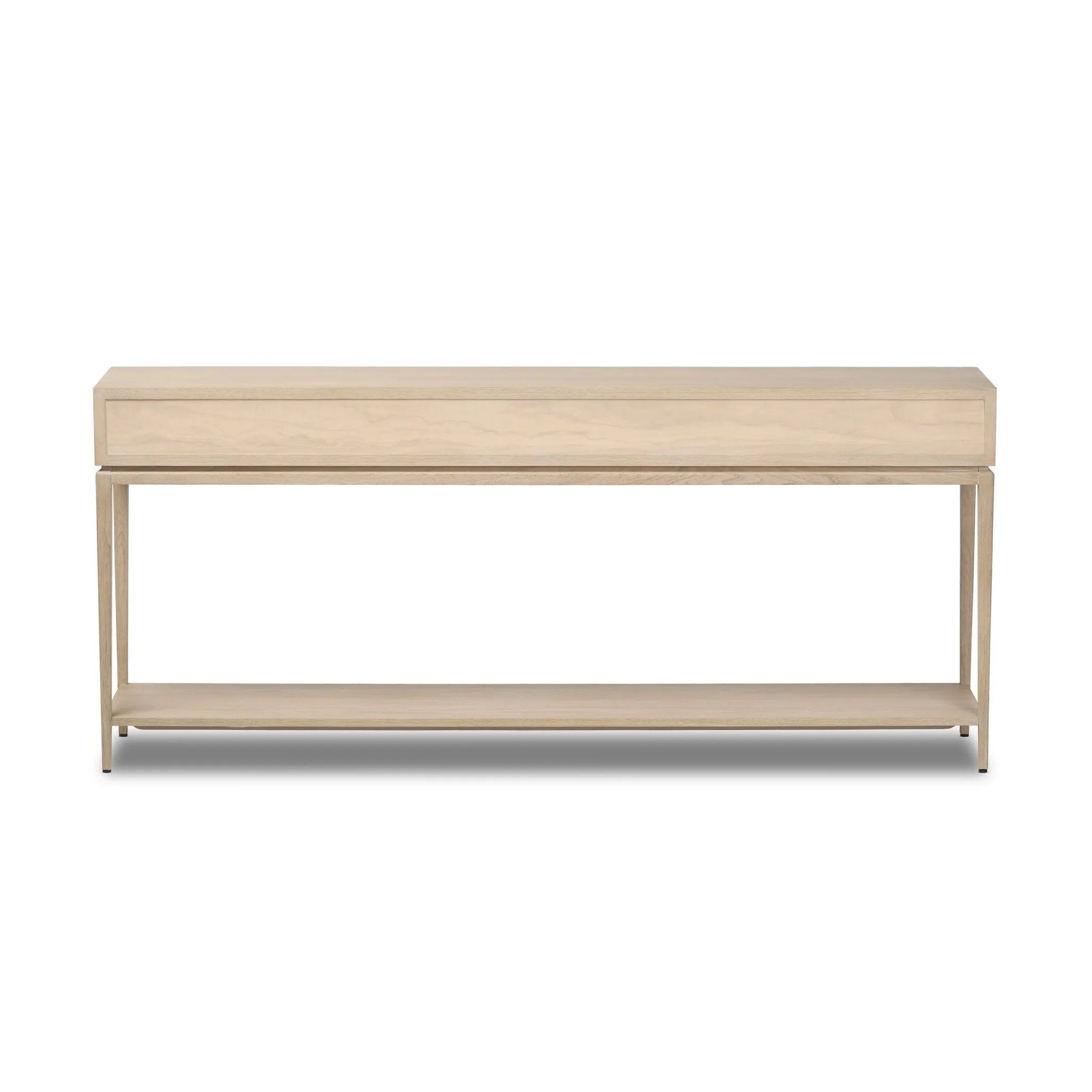 Featuring Rosenell Natural Oak Veneer Console Table 78" by Four Hands at Amethyst Home. Elevate your living space or media room with a slim-profile console of light, natural oak. A smooth top pairs with three drawers covered with woven paper cord, while lower open shelving creates bonus storage and display options. The result: a clean, Scandinavian-inspired l. Amethyst Home provides interior design, new home construction design consulting, vintage area rugs, and lighting in the Houston metro area.