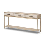 Featuring Rosenell Natural Oak Veneer Console Table 78" by Four Hands at Amethyst Home. Elevate your living space or media room with a slim-profile console of light, natural oak. A smooth top pairs with three drawers covered with woven paper cord, while lower open shelving creates bonus storage and display options. The result: a clean, Scandinavian-inspir. Amethyst Home provides interior design, new home construction design consulting, vintage area rugs, and lighting in the Kansas City metro area.