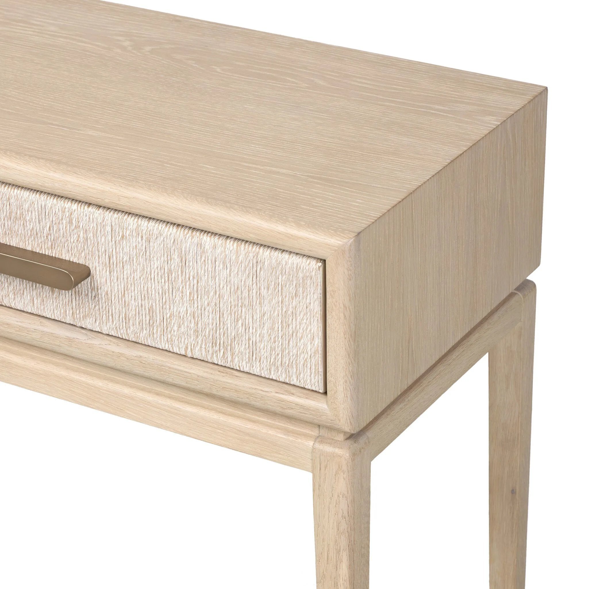 Featuring Rosenell Natural Oak Veneer Console Table 78" by Four Hands at Amethyst Home. Elevate your living space or media room with a slim-profile console of light, natural oak. A smooth top pairs with three drawers covered with woven paper cord, while lower open shelving creates bonus storage and display options. The result: a clean, Scandinavian-inspire. Amethyst Home provides interior design, new home construction design consulting, vintage area rugs, and lighting in the Scottsdale metro area.