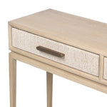 Featuring Rosenell Natural Oak Veneer Console Table 78" by Four Hands at Amethyst Home. Elevate your living space or media room with a slim-profile console of light, natural oak. A smooth top pairs with three drawers covered with woven paper cord, while lower open shelving creates bonus storage and display options. The result: a clean, Scandinavian-insp. Amethyst Home provides interior design, new home construction design consulting, vintage area rugs, and lighting in the Winter Garden metro area.