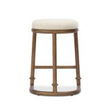 A simple backless stool pairs antique walnut-finished solid ash and high-performance fabric, for a warm, light look. A backless cylinder frame featured tapering for extra stability, with disc-like turning at the bottom for a heritage design detail. Perfectly sized for the counter. Amethyst Home provides interior design, new home construction design consulting, vintage area rugs, and lighting in the Dallas metro area.