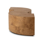 A coffee table that moves with you. Made from oak burl veneer with beautiful movement, this three-piece design pulls apart to create different looks and configurations based on your needs. Pushed together, individual pieces shape a circle; create a wave shape touching just the end pieces together — or, style all three apart. Amethyst Home provides interior design, new home construction design consulting, vintage area rugs, and lighting in the Omaha metro area.