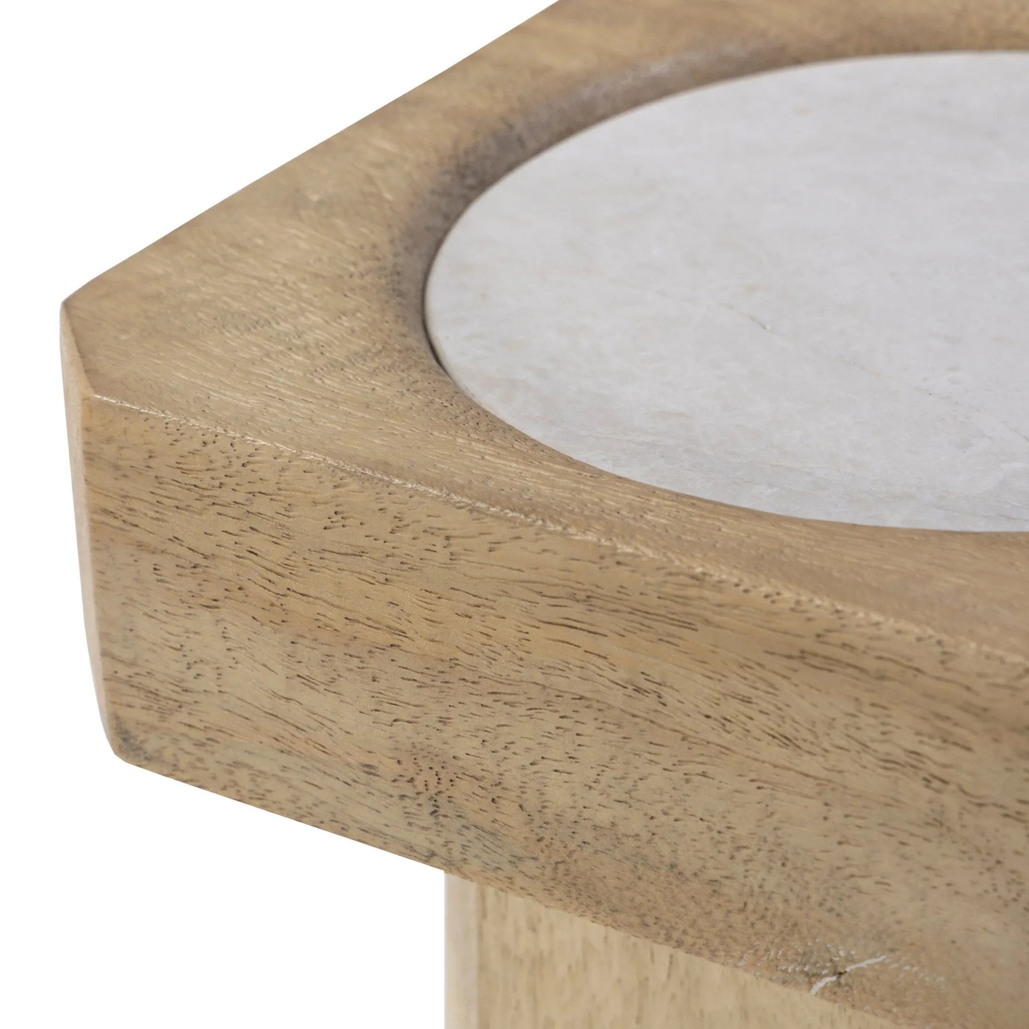Style this versatile end table virtually anywhere, thanks to its light finish and smaller scale. Made from natural mango with an inset circle of cream-colored marble on top.As enthusiasts of luxe aesthetics at Amethyst, we love the warm modern inspired Rumi End Table. Amethyst Home provides interior design, new home construction design consulting, vintage area rugs, and lighting in the Des Moines metro area.