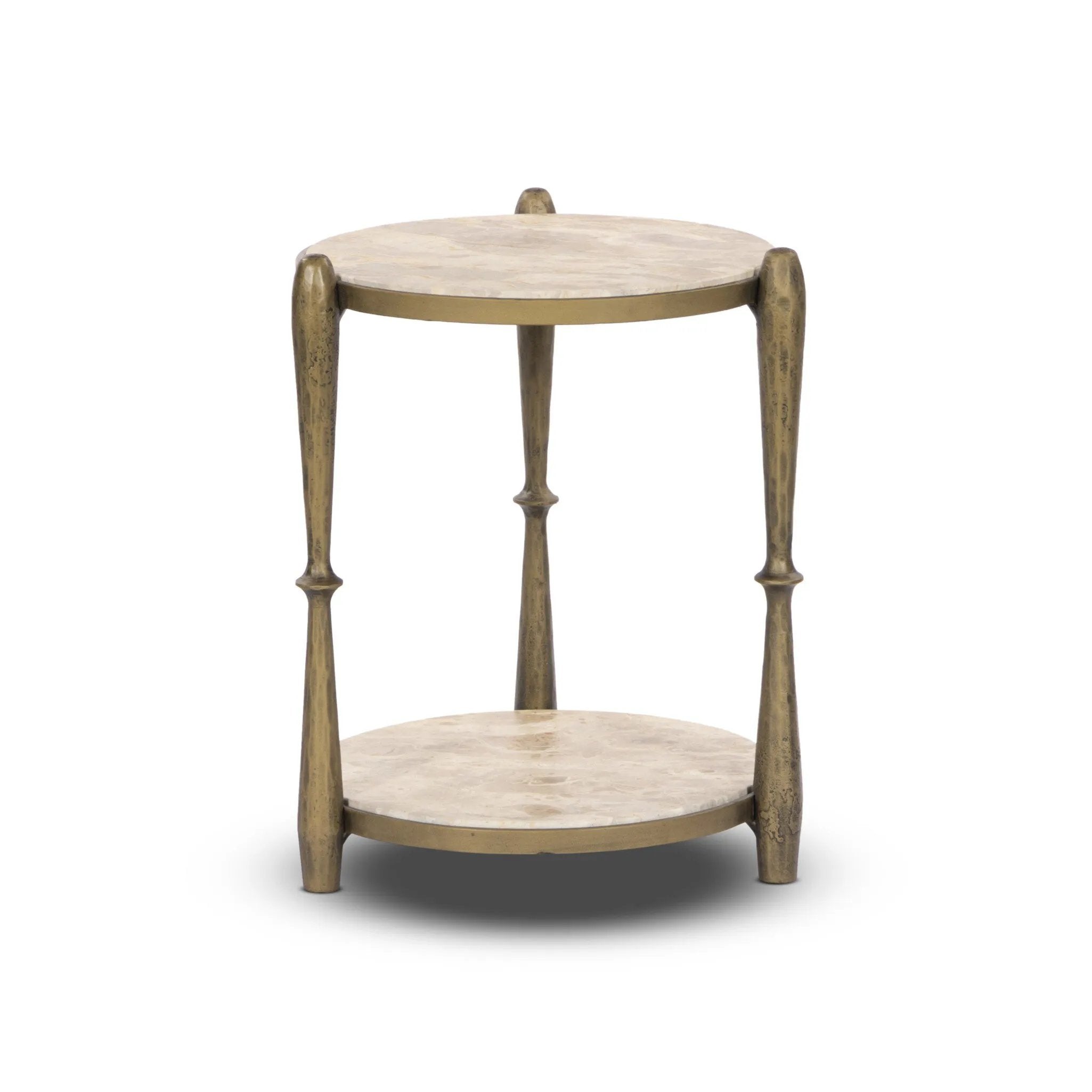 Work a heritage-inspired piece into your collection with a tiered end table of hammered iron in an aged brass. With inset marble shelves and turn-style legs, this table's fine details bring an elevated, artisan look to any space. Perfectly sized to keep your favorite book or drink on hand Amethyst Home provides interior design, new home construction design consulting, vintage area rugs, and lighting in the Calabasas metro area.