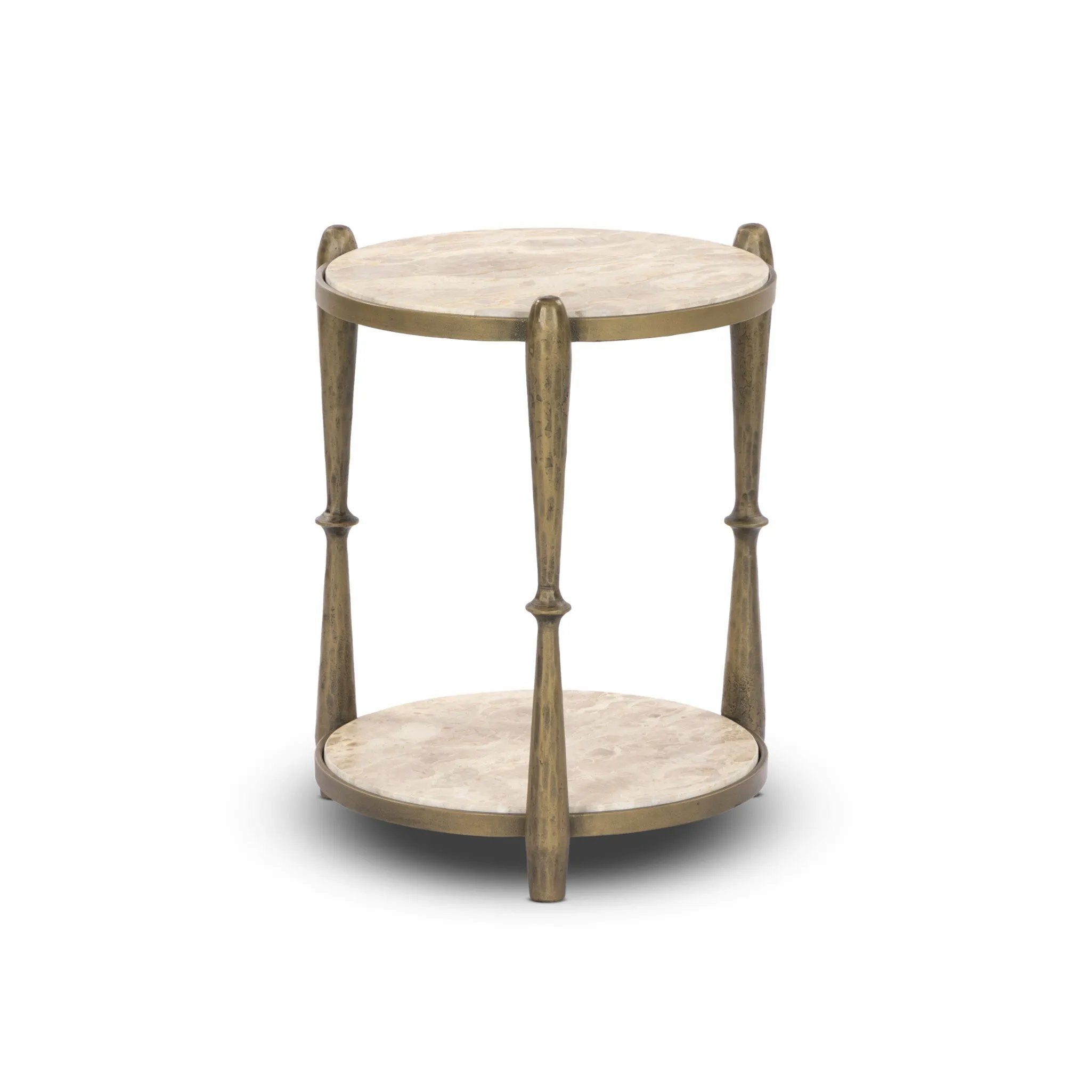 Work a heritage-inspired piece into your collection with a tiered end table of hammered iron in an aged brass. With inset marble shelves and turn-style legs, this table's fine details bring an elevated, artisan look to any space. Perfectly sized to keep your favorite book or drink on hand Amethyst Home provides interior design, new home construction design consulting, vintage area rugs, and lighting in the Kansas City metro area.