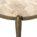 Featuring Ruthie Fossil Marble End Table by Four Hands at Amethyst Home. Work a heritage-inspired piece into your collection with a tiered end table of hammered iron in an aged brass. With inset marble shelves and turn-style legs, this table's fine details bring an elevated, artisan look to any space. Perfectly sized to keep your favorite book or drink on h. Amethyst Home provides interior design, new home construction design consulting, vintage area rugs, and lighting in the Nashville metro area.