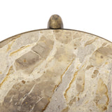 Featuring Ruthie Fossil Marble End Table by Four Hands at Amethyst Home. Work a heritage-inspired piece into your collection with a tiered end table of hammered iron in an aged brass. With inset marble shelves and turn-style legs, this table's fine details bring an elevated, artisan look to any space. Perfectly sized to keep your favorite book or drink on ha. Amethyst Home provides interior design, new home construction design consulting, vintage area rugs, and lighting in the Portland metro area.
