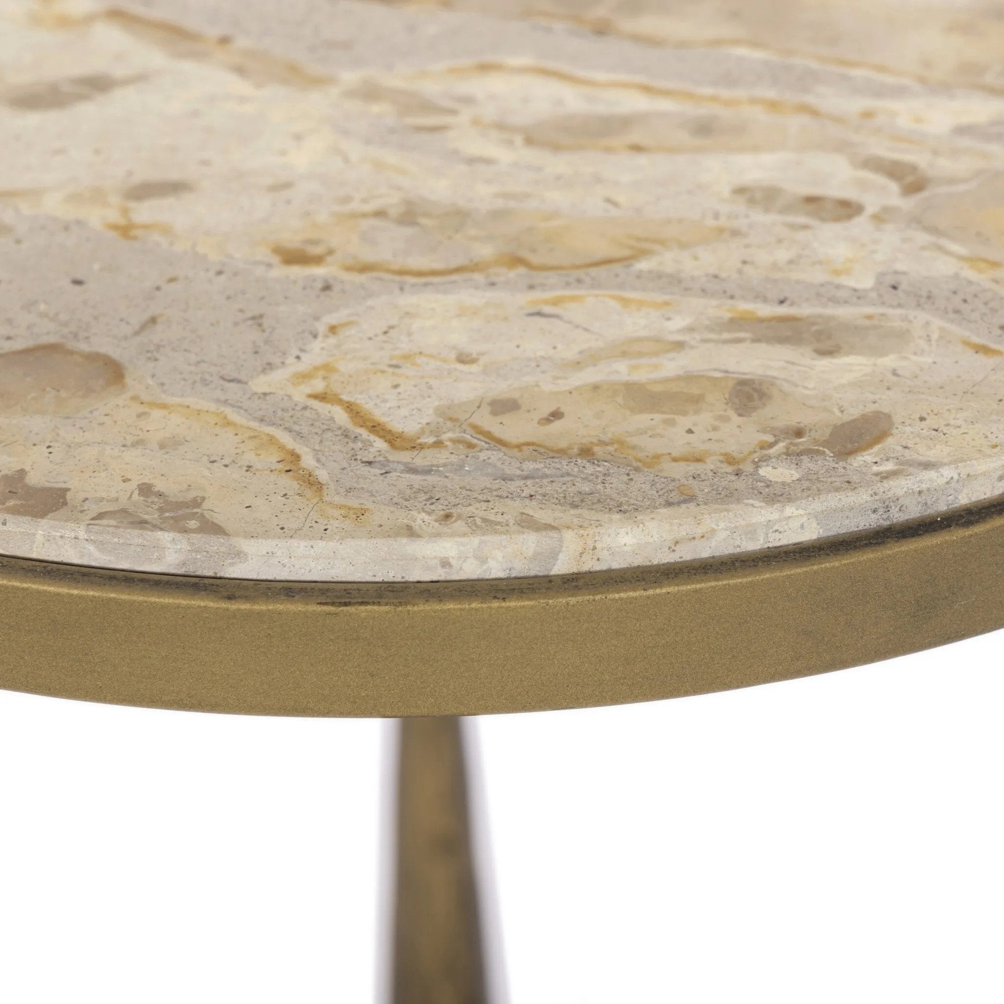 Featuring Ruthie Fossil Marble End Table by Four Hands at Amethyst Home. Work a heritage-inspired piece into your collection with a tiered end table of hammered iron in an aged brass. With inset marble shelves and turn-style legs, this table's fine details bring an elevated, artisan look to any space. Perfectly sized to keep your favorite book or drink. Amethyst Home provides interior design, new home construction design consulting, vintage area rugs, and lighting in the Salt Lake City metro area.