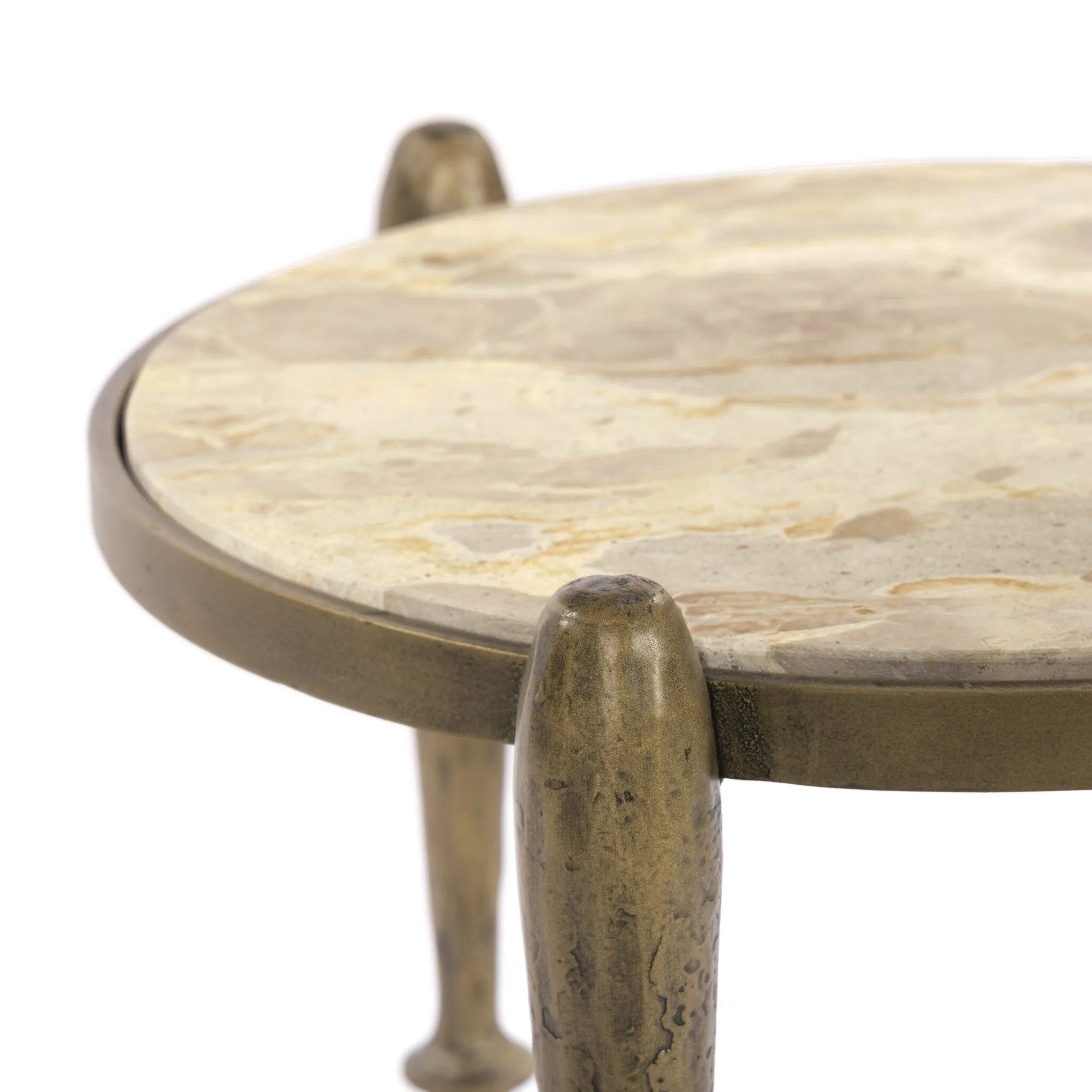 Featuring Ruthie Fossil Marble End Table by Four Hands at Amethyst Home. Work a heritage-inspired piece into your collection with a tiered end table of hammered iron in an aged brass. With inset marble shelves and turn-style legs, this table's fine details bring an elevated, artisan look to any space. Perfectly sized to keep your favorite book or drink on han. Amethyst Home provides interior design, new home construction design consulting, vintage area rugs, and lighting in the Seattle metro area.