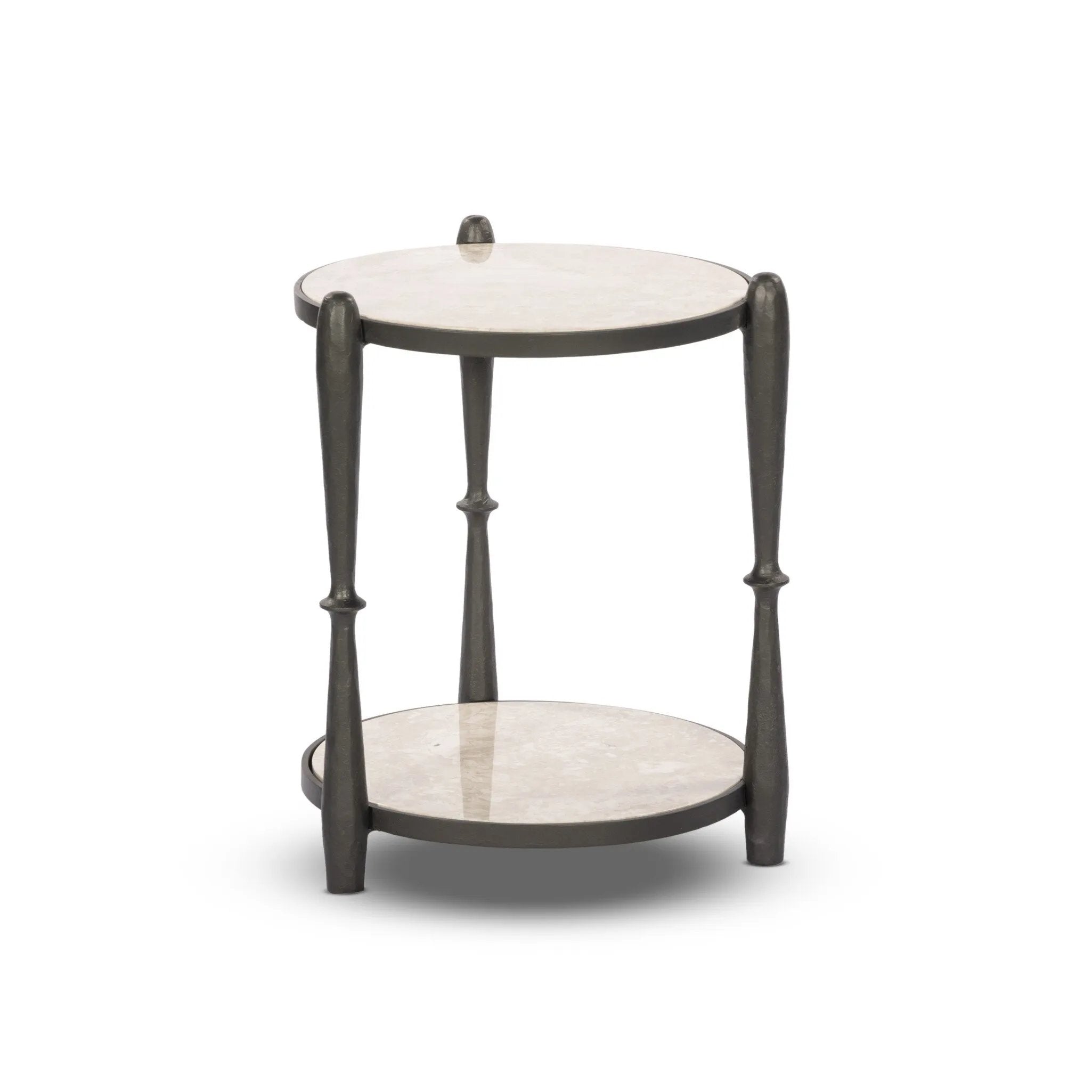 Featuring Ruthie Lunar Marble End Table by Four Hands at Amethyst Home. Work a heritage-inspired piece into your collection with a tiered end table of hammered iron in a hammered gunmetal. With inset marble shelves and turn-style legs, this table's fine details bring an elevated, artisan look to any space. Perfectly sized to keep your favorite book or drink on. Amethyst Home provides interior design, new home construction design consulting, vintage area rugs, and lighting in the Boston metro area.