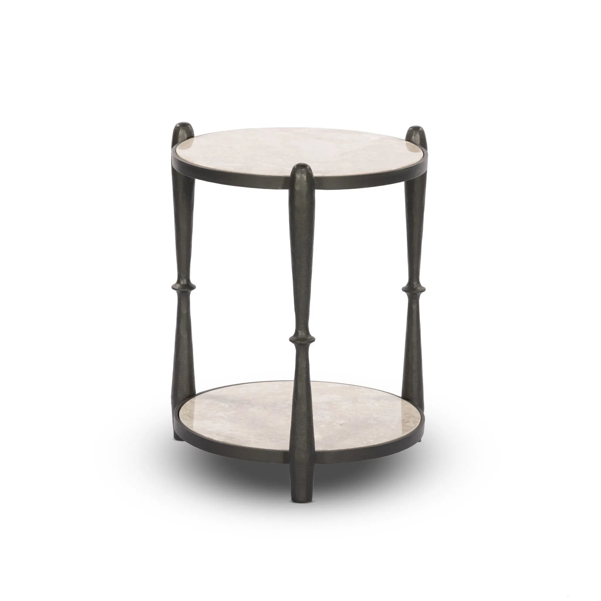 Featuring Ruthie Lunar Marble End Table by Four Hands at Amethyst Home. Work a heritage-inspired piece into your collection with a tiered end table of hammered iron in a hammered gunmetal. With inset marble shelves and turn-style legs, this table's fine details bring an elevated, artisan look to any space. Perfectly sized to keep your favorite book or drink. Amethyst Home provides interior design, new home construction design consulting, vintage area rugs, and lighting in the Charlotte metro area.
