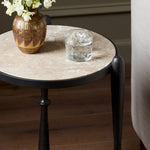 Featuring Ruthie Lunar Marble End Table by Four Hands at Amethyst Home. Work a heritage-inspired piece into your collection with a tiered end table of hammered iron in a hammered gunmetal. With inset marble shelves and turn-style legs, this table's fine details bring an elevated, artisan look to any space. Perfectly sized to keep your favorite book or drink . Amethyst Home provides interior design, new home construction design consulting, vintage area rugs, and lighting in the Monterey metro area.