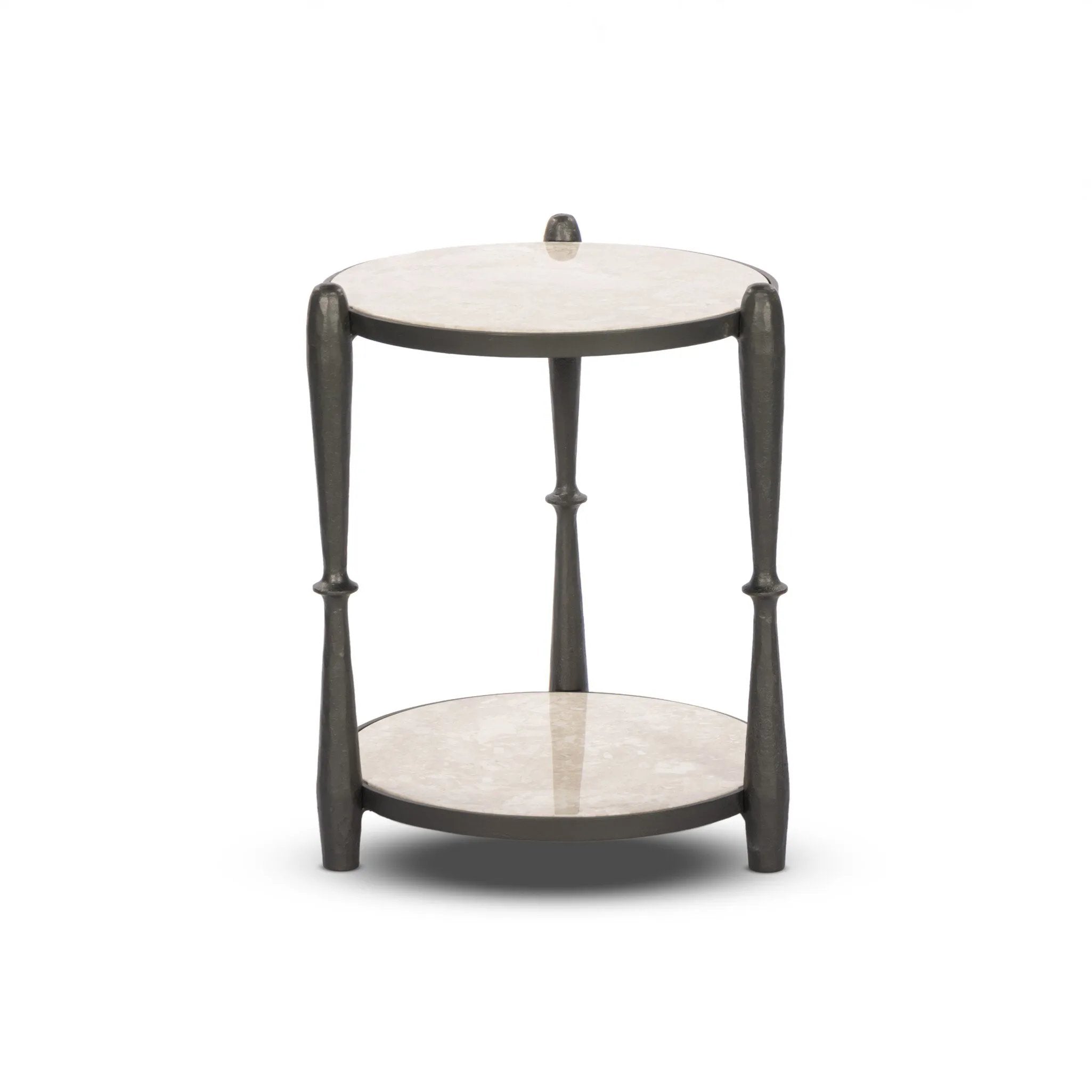 Work a heritage-inspired piece into your collection with a tiered end table of hammered iron in a hammered gunmetal. With inset marble shelves and turn-style legs, this table's fine details bring an elevated, artisan look to any space. Perfectly sized to keep your favorite book or drink on hand Amethyst Home provides interior design, new home construction design consulting, vintage area rugs, and lighting in the Park City metro area.