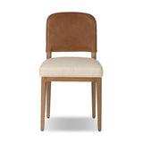 The classic material mix look you want in your dining space. Butterscotch top-grain leather with a subtle vintage look pairs with a neutral performance fabric-upholstered seat. Tapered legs and an armless silhouette look timelessly chic. Amethyst Home provides interior design, new home construction design consulting, vintage area rugs, and lighting in the Calabasas metro area.