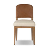 The classic material mix look you want in your dining space. Butterscotch top-grain leather with a subtle vintage look pairs with a neutral performance fabric-upholstered seat. Tapered legs and an armless silhouette look timelessly chic. Amethyst Home provides interior design, new home construction design consulting, vintage area rugs, and lighting in the Salt Lake City metro area.