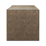 This desk’s simple frame showcases warm brown solid oak with an oyster cut grid pattern on the top and sides. Three drawers create space for office supplies and more.As fans of luxe aesthetics at Amethyst, we love the warm modern inspired Salta Desk - Brown Oak Thick Veneer. Amethyst Home provides interior design, new home construction design consulting, vintage area rugs, and lighting in the Boston metro area.
