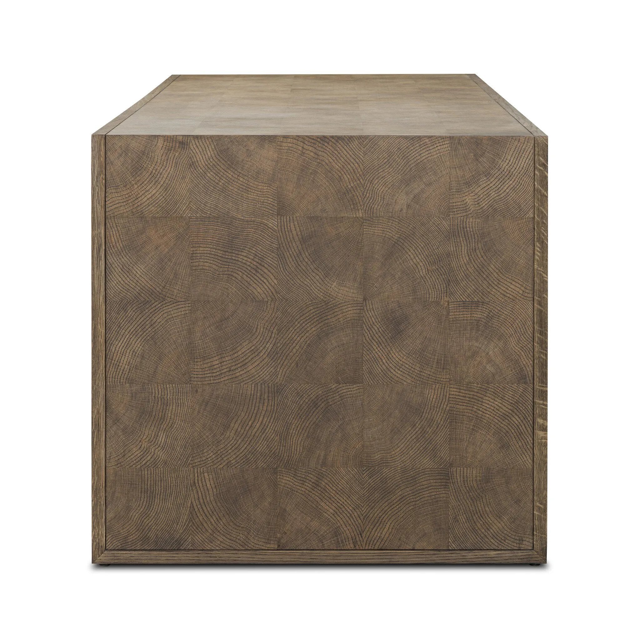 This desk’s simple frame showcases warm brown solid oak with an oyster cut grid pattern on the top and sides. Three drawers create space for office supplies and more.As fans of luxe aesthetics at Amethyst, we love the warm modern inspired Salta Desk - Brown Oak Thick Veneer. Amethyst Home provides interior design, new home construction design consulting, vintage area rugs, and lighting in the Boston metro area.