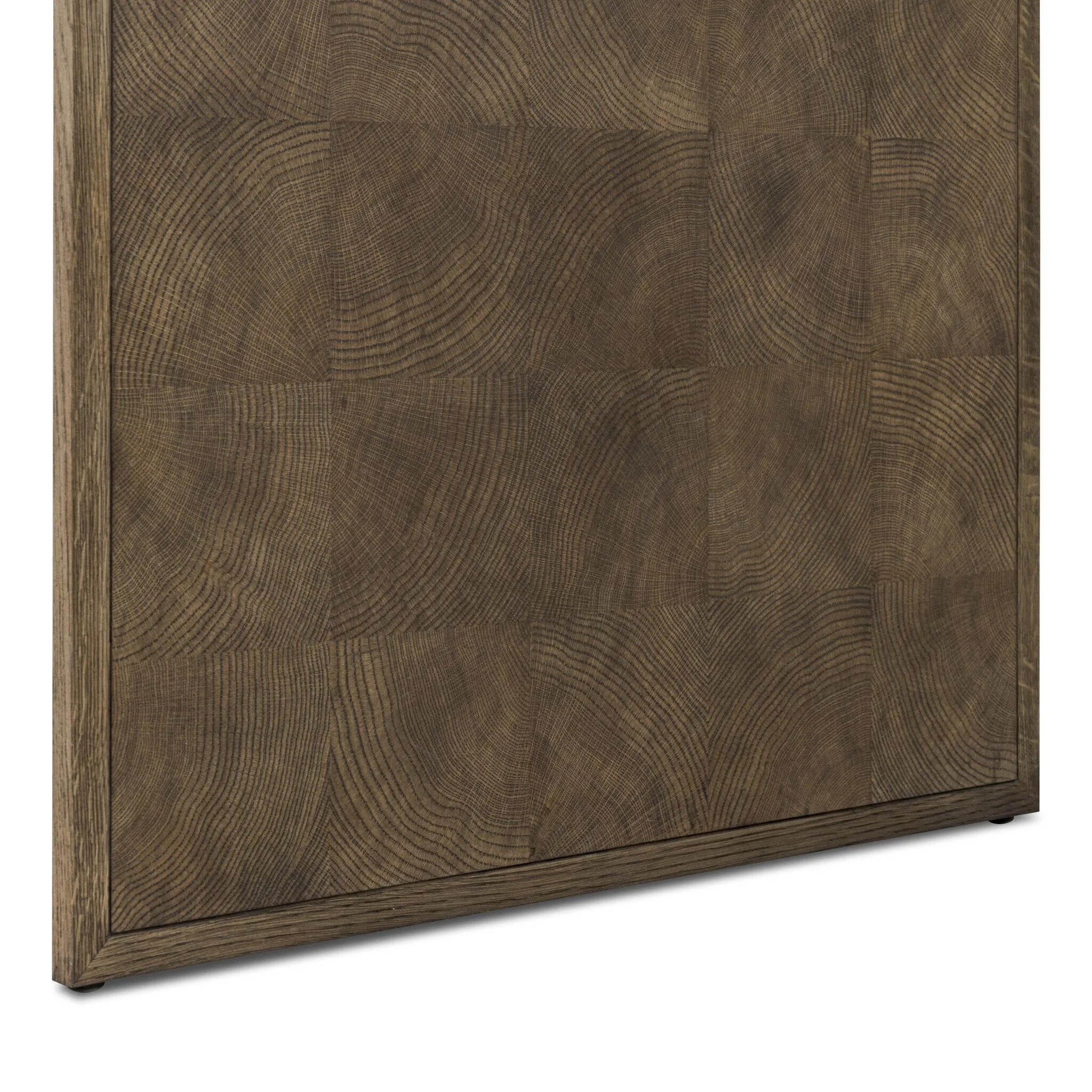 This desk’s simple frame showcases warm brown solid oak with an oyster cut grid pattern on the top and sides. Three drawers create space for office supplies and more.As fans of luxe aesthetics at Amethyst, we love the warm modern inspired Salta Desk - Brown Oak Thick Veneer. Amethyst Home provides interior design, new home construction design consulting, vintage area rugs, and lighting in the Charlotte metro area.