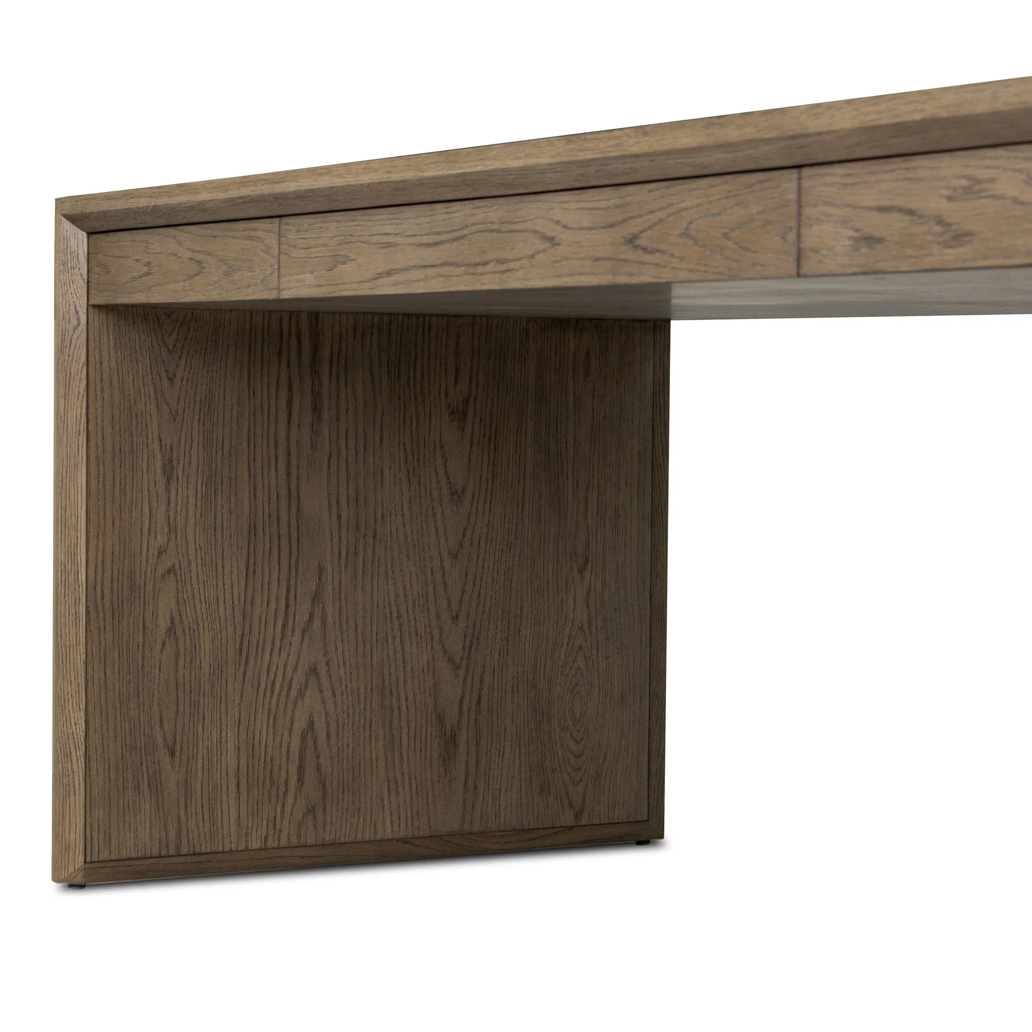 This desk’s simple frame showcases warm brown solid oak with an oyster cut grid pattern on the top and sides. Three drawers create space for office supplies and more.As fans of luxe aesthetics at Amethyst, we love the warm modern inspired Salta Desk - Brown Oak Thick Veneer. Amethyst Home provides interior design, new home construction design consulting, vintage area rugs, and lighting in the Newport Beach metro area.