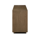 This media console’s simple frame showcases thick brown oak veneer with an oyster cut grid pattern on the door and drawer fronts. Minimalist metal pulls open to ample storage for living space essentials. Rear cutouts for cord management.As lovers of luxe style at Amethyst, we love the designer inspired Salta Media Console - Brown Oak Thick Veneer. Amethyst Home provides interior design, new home construction design consulting, vintage area rugs, and lighting in the Boston metro area.