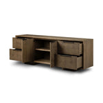 This media console’s simple frame showcases thick brown oak veneer with an oyster cut grid pattern on the door and drawer fronts. Minimalist metal pulls open to ample storage for living space essentials. Rear cutouts for cord management.As lovers of luxe style at Amethyst, we love the designer inspired Salta Media Console - Brown Oak Thick Veneer. Amethyst Home provides interior design, new home construction design consulting, vintage area rugs, and lighting in the Calabasas metro area.